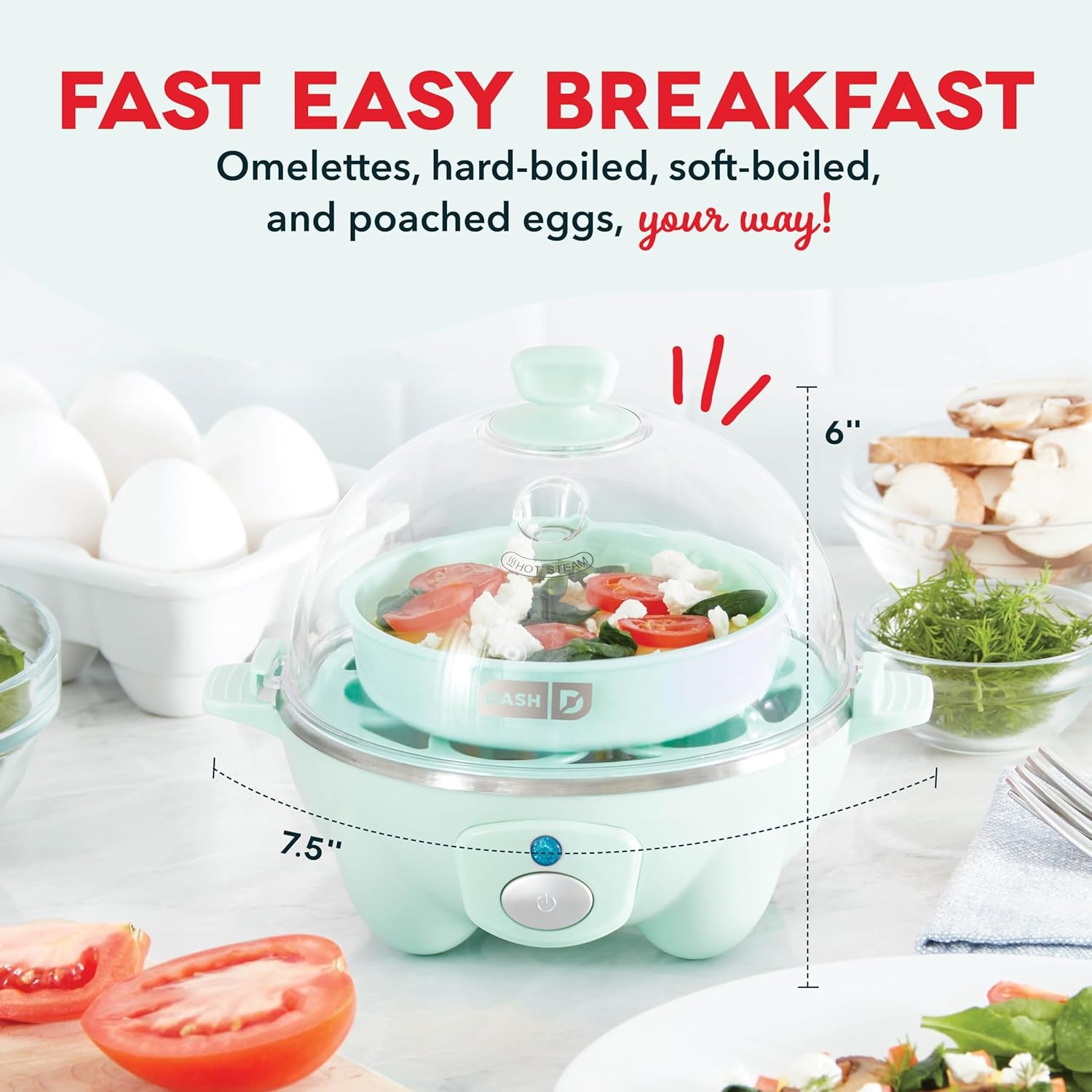 Rapid Egg Cooker: 6 Egg Capacity Electric Egg Cooker for Hard Boiled Eggs, Poached Eggs, Scrambled Eggs, or Omelets with Auto Shut off Feature - Aqua, 5.5 Inch (DEC005AQ)