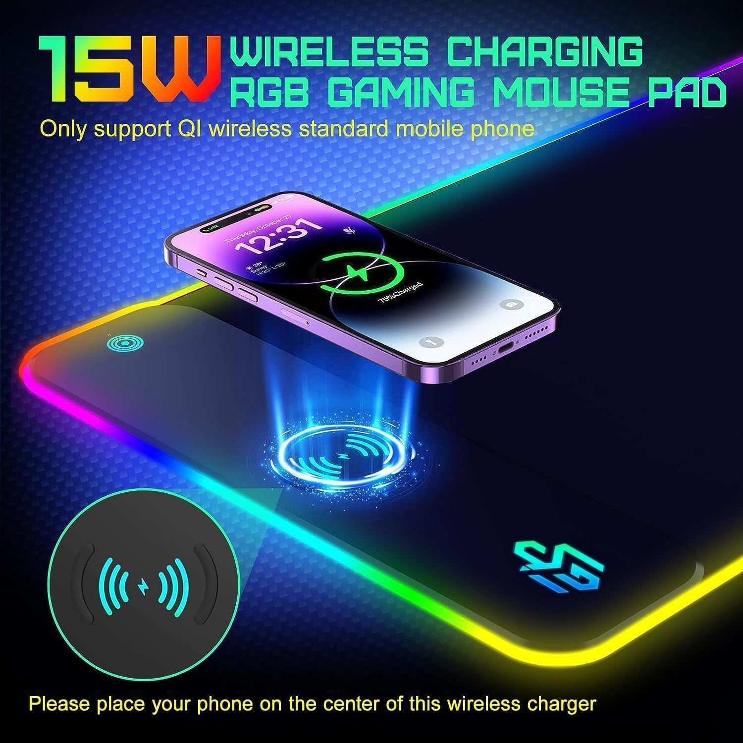 Wireless Charging RGB Gaming Mouse Pad 15W, LED Mouse Mat 800X300X4Mm, 10 Light Modes Extra Large Mousepad Non-Slip Rubber Base Computer Keyboard Mat for Gaming, Macbook, PC, Laptop, Desk
