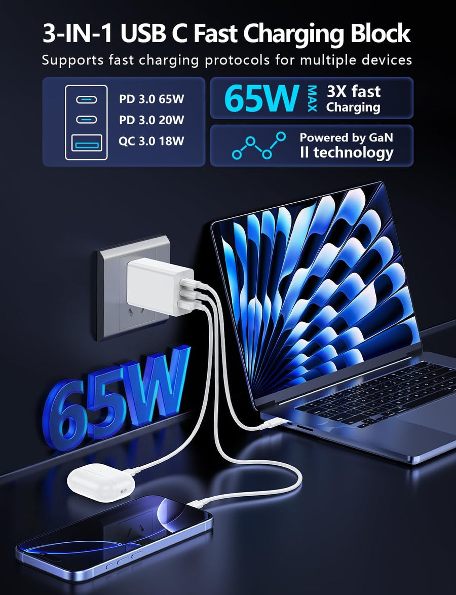 2-Pack 65W USB C Charger Block, 3-Port PD 3.0 Fast Charging Wall Plug