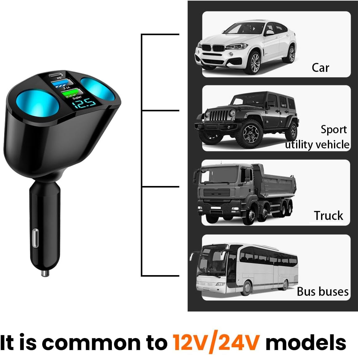 Cigarette Lighter Splitter, USB 2.4A & QC3.0 Type C with 2 Socket Cigarette Lighter Adapter, 12V/24V 120W Car Charger Splitter for GPS Dash Cam Laptop Cell Phone Iphone 14/13/12/11 (A+C 66W)