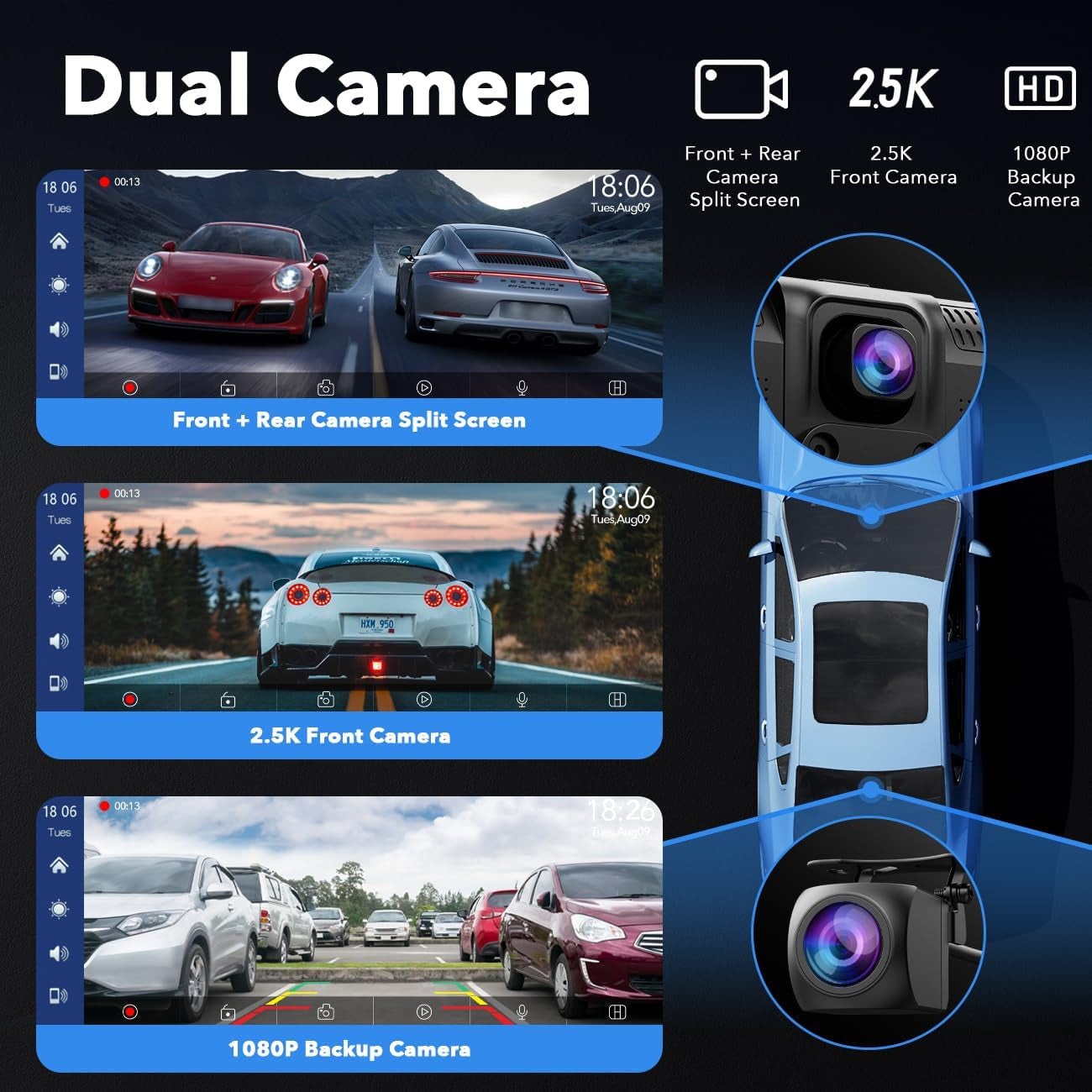 9.26" Wireless Carplay and Android Auto with 2.5K Dash Cam, 1080P Backup Camera, Portable Touchscreen GPS Navigation for Car, Car Stereo Receiver with Bluetooth,Airplay,Aux,Fm,Googel,Siri