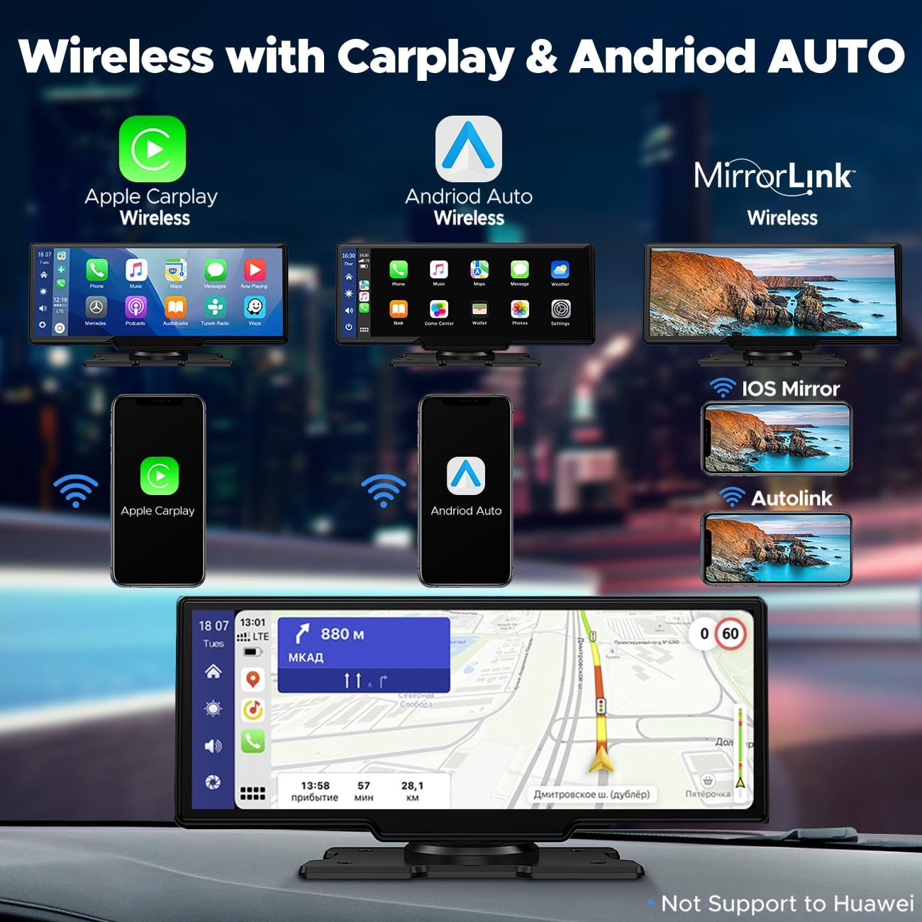 9.26" Wireless Carplay and Android Auto with 2.5K Dash Cam, 1080P Backup Camera, Portable Touchscreen GPS Navigation for Car, Car Stereo Receiver with Bluetooth,Airplay,Aux,Fm,Googel,Siri