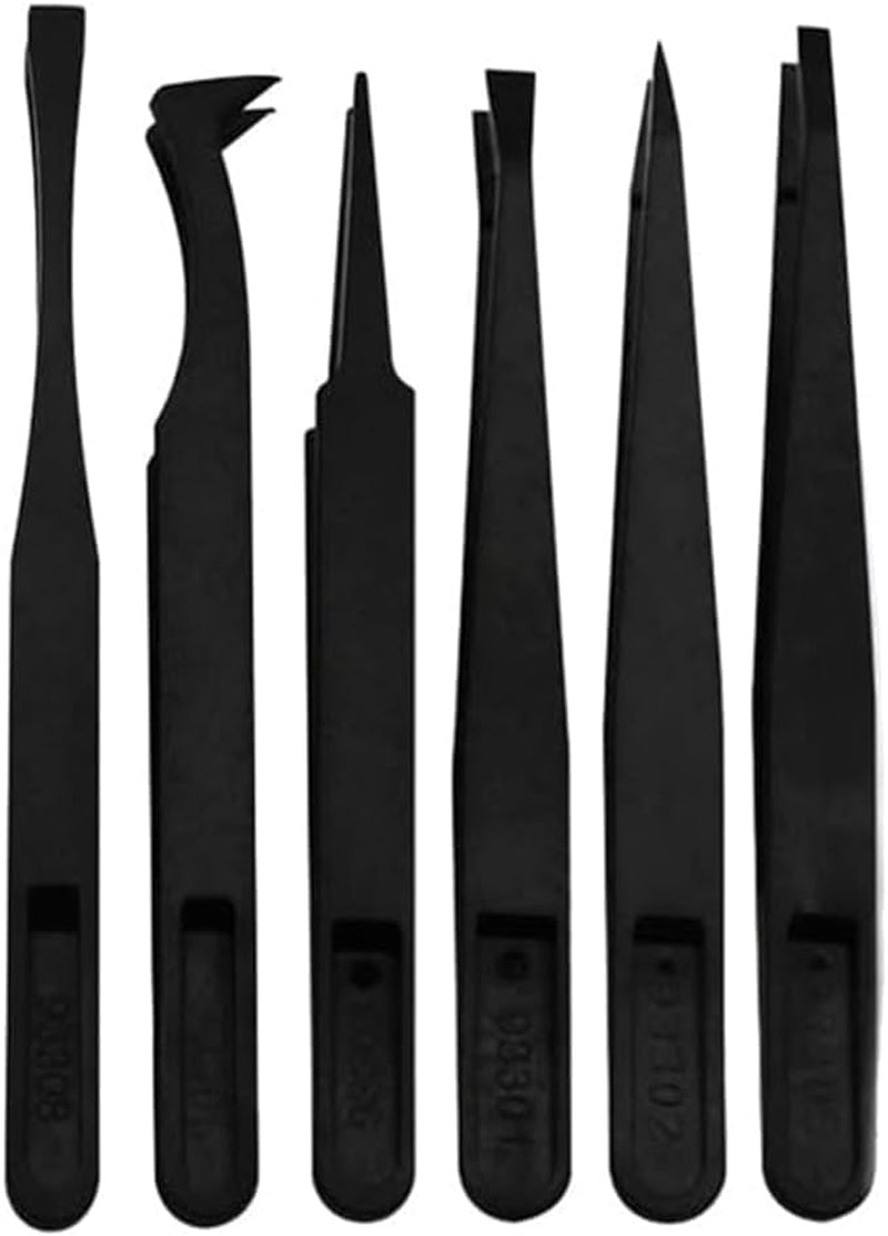 6Pcs Plastic Anti-Static Tweezers, Precision Slant Curved Flat Tip Tweezers for Jewelry Craft DIY Beauty Electronics Repair Tool Black