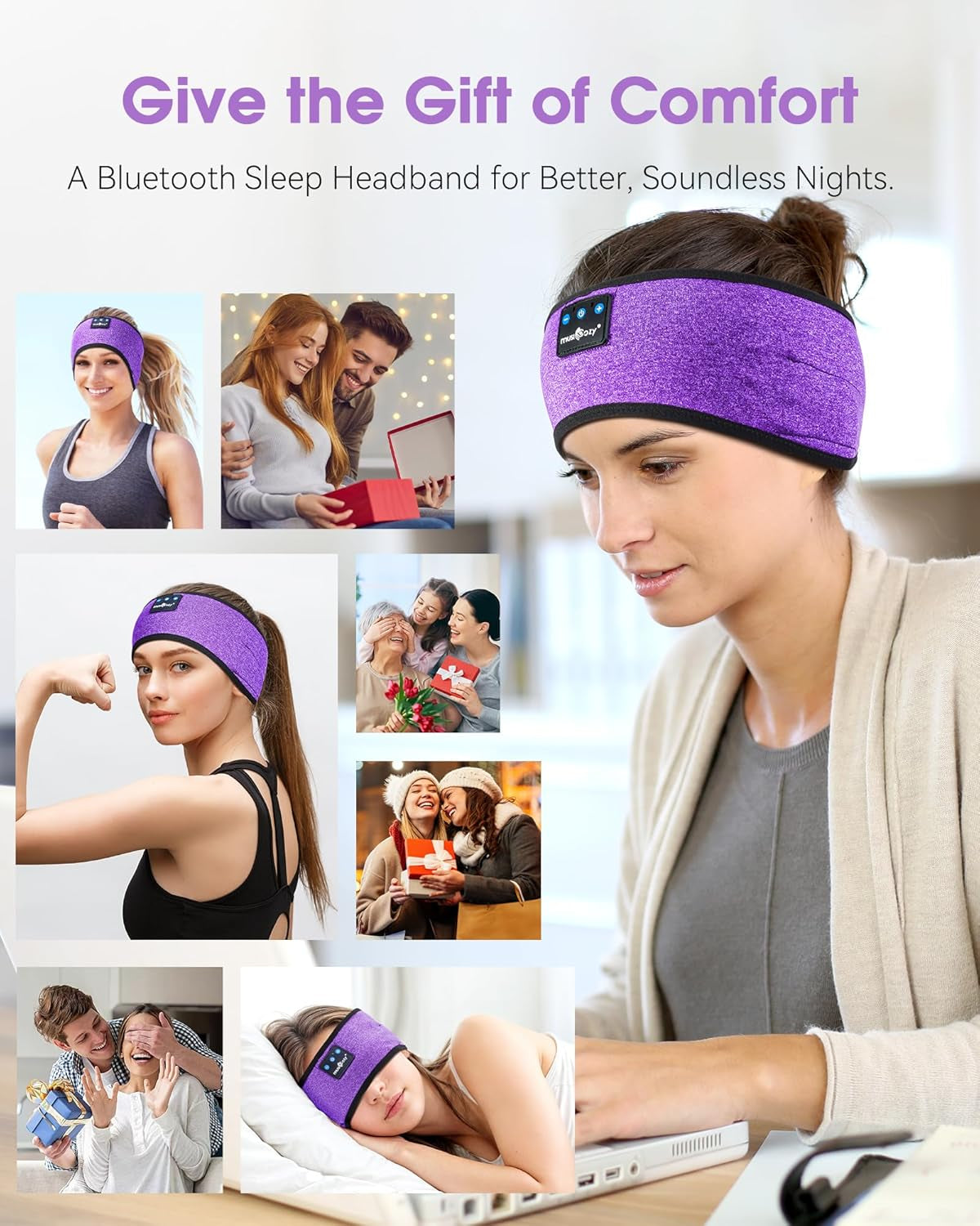 Sleep Headphones Wireless, Bluetooth Headband Sports Sleeping Headphones Sleep Mask Earbuds Breathable Music Headband with Bluetooth 5.2, Perfect for Workout Running, Grape Purple