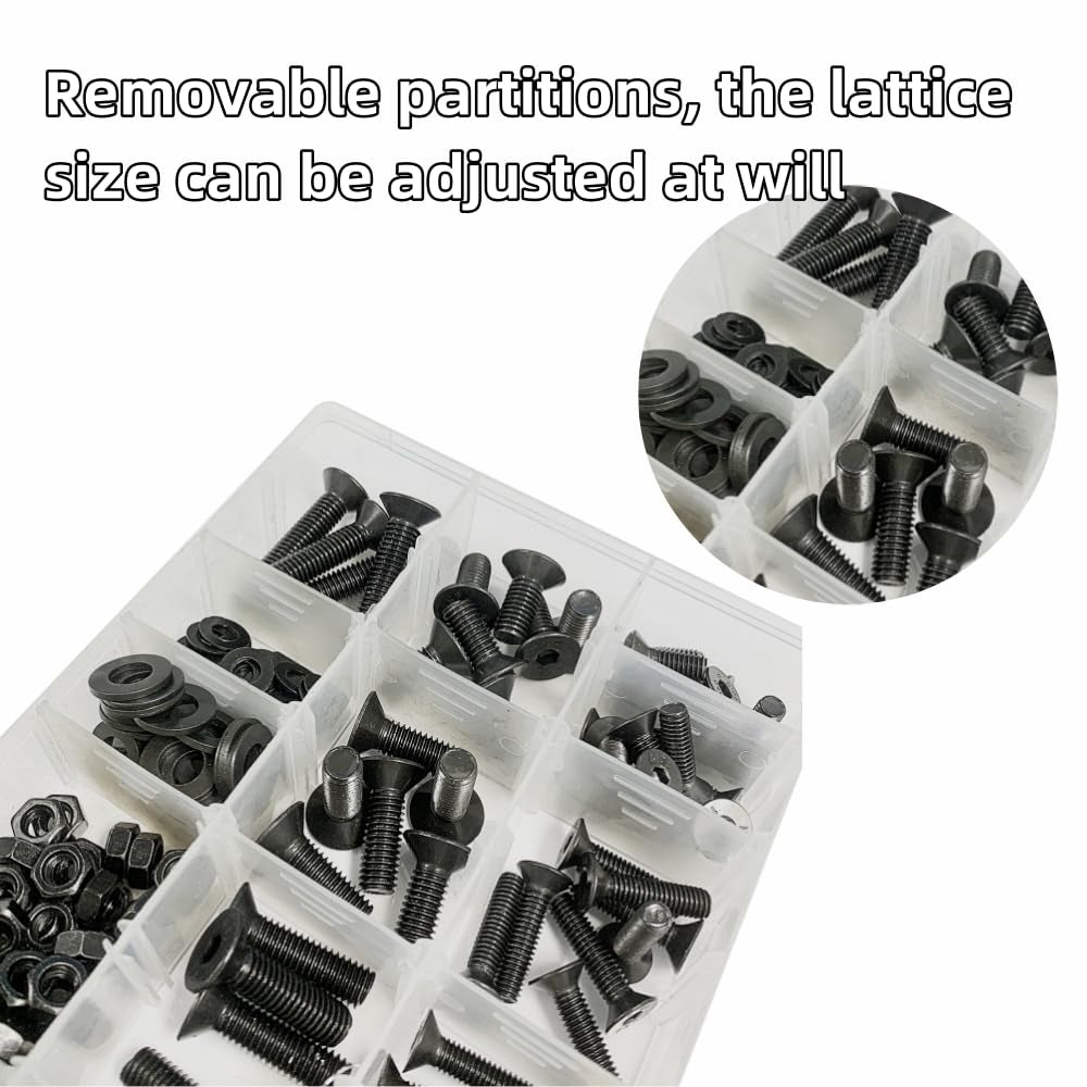 205-Piece M6-M8 Countersunk Bolt and Hex Nut Combination Set, Black Flat Head Bolt, Metric Socket Head Bolt, Full Thread