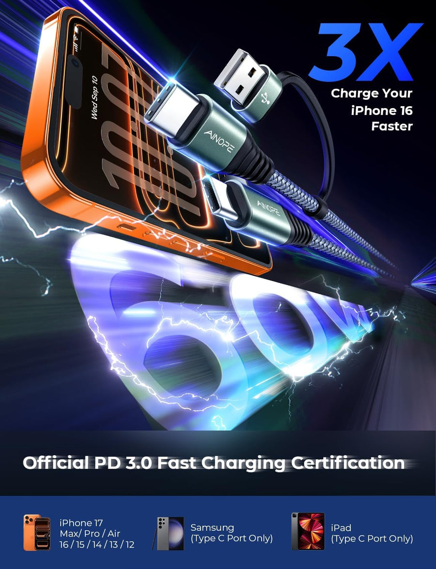 60W 10Ft USB-C Fast Charging Cable
