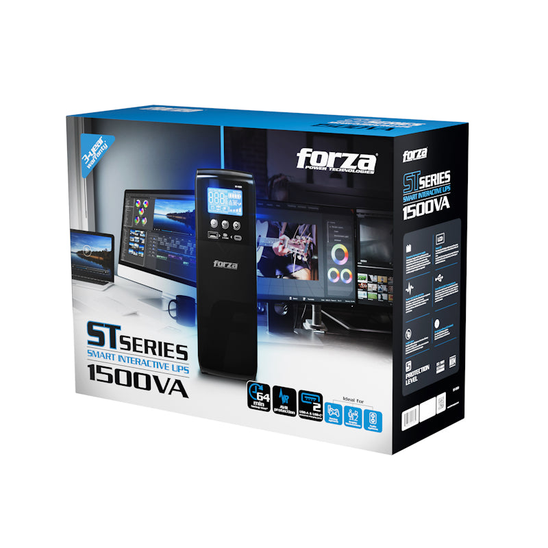Forza | Smart UPS 1500VA/900W Slim Tower, 10 outlets, LCD, Charging USB, Software-120V