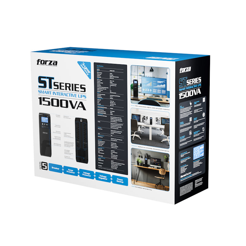 Forza | Smart UPS 1500VA/900W Slim Tower, 10 outlets, LCD, Charging USB, Software-120V