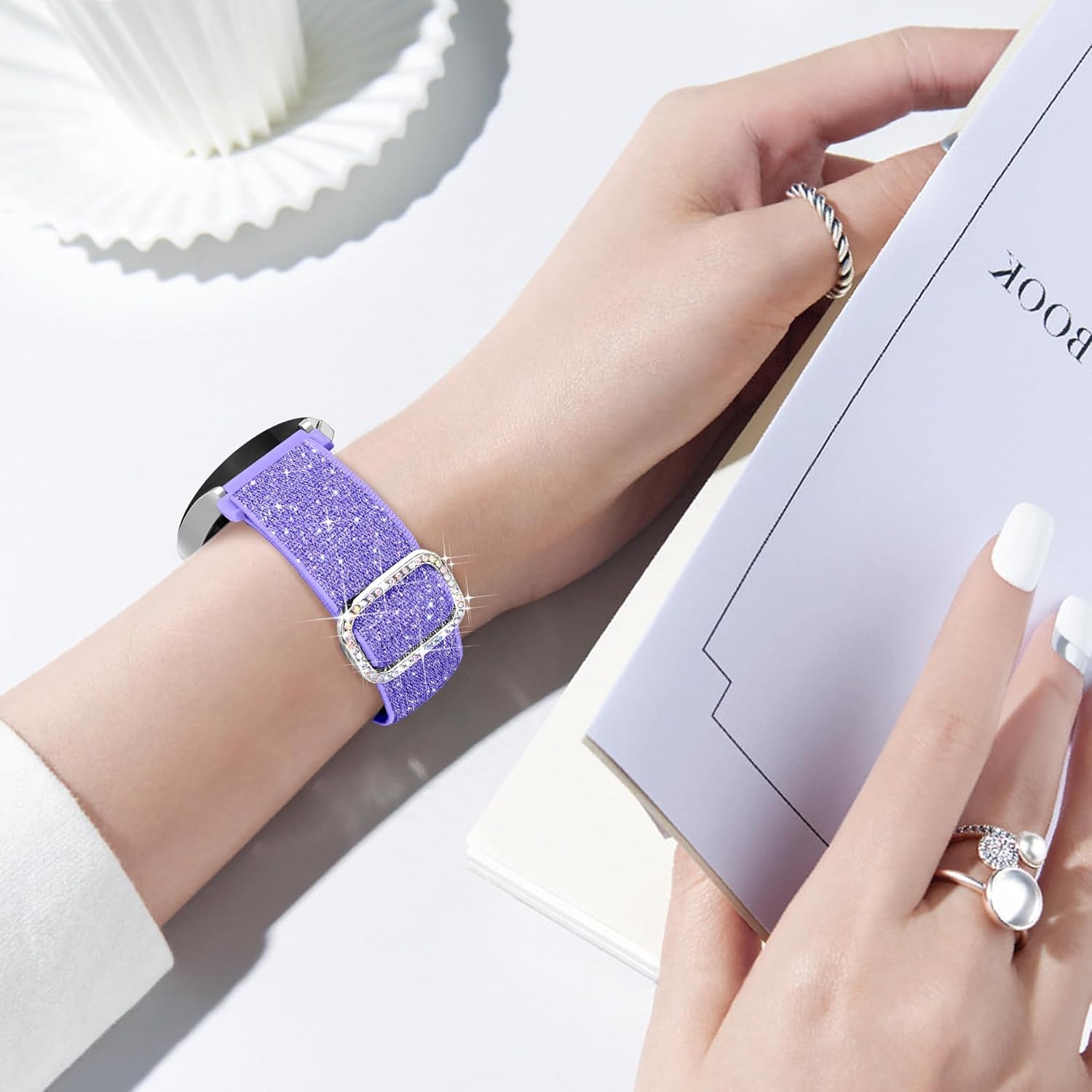 Galaxy Watch 7 6 5 4 FE 40Mm 44Mm Bands for Samsung Watch Bands, 20Mm Watch Band Women Bling Sparkly Stretchy Nylon Galaxy Watch Bands for Samsung Watch Bands 6 4 Classic/5 Pro/Active 2-Purple
