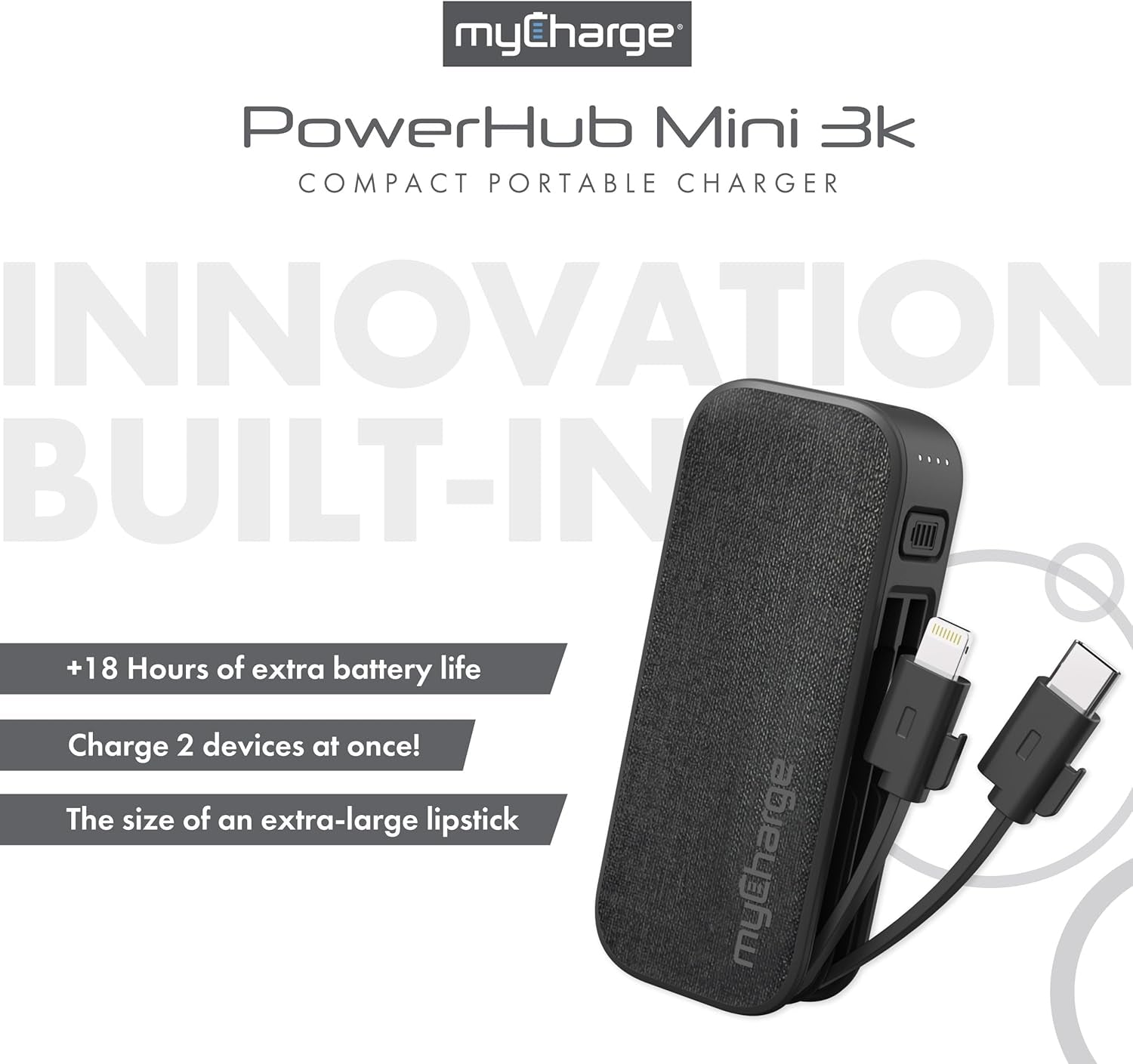 Powerhub Mini Portable Charger for Iphone - 3000Mah & Built in Cables (Lightning, Type C) 12W Turbo USB C Power Bank Fast Charging Battery Pack (Black)