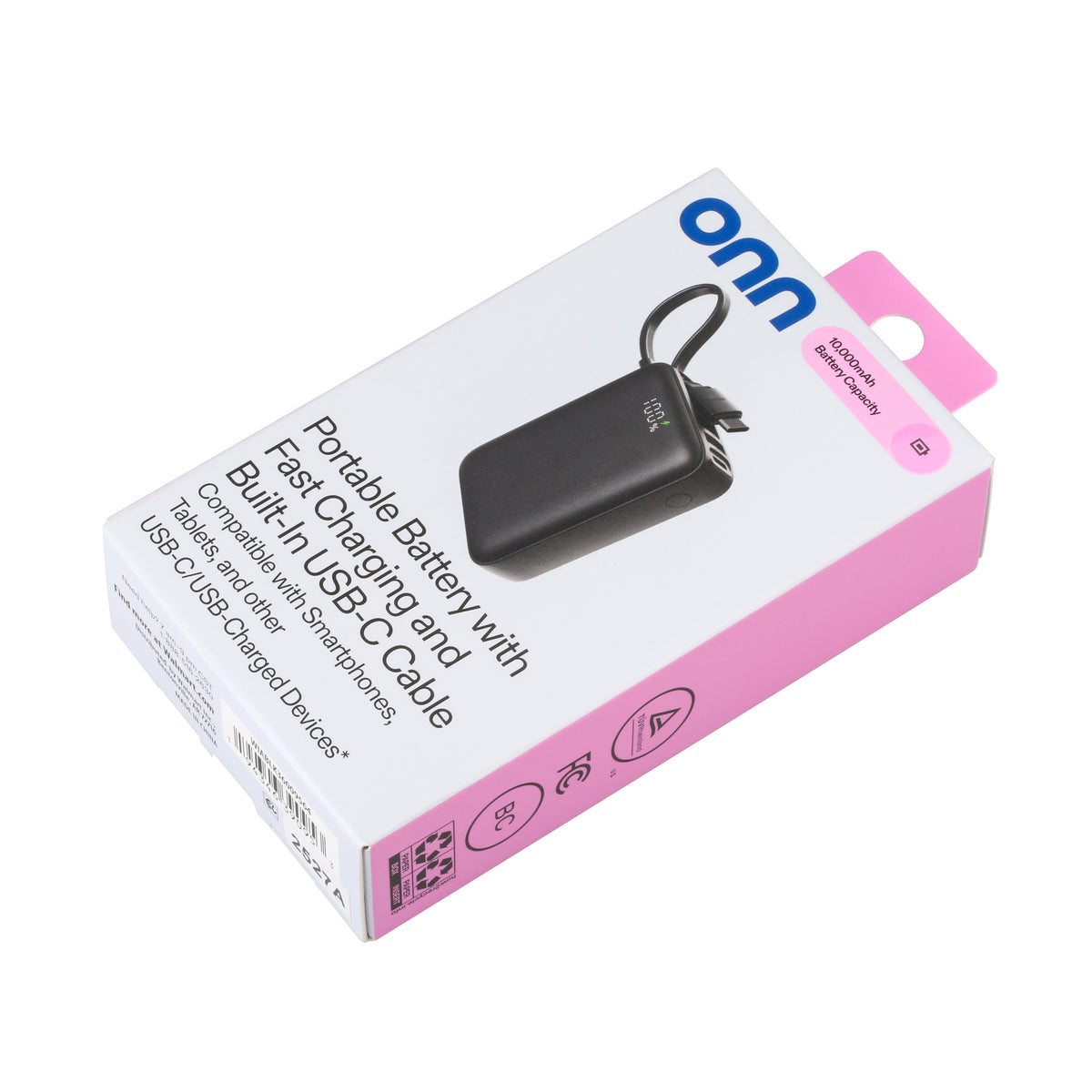 10,000Mah Portable Power Bank with Built-In USB-C Cable, Fast Charging