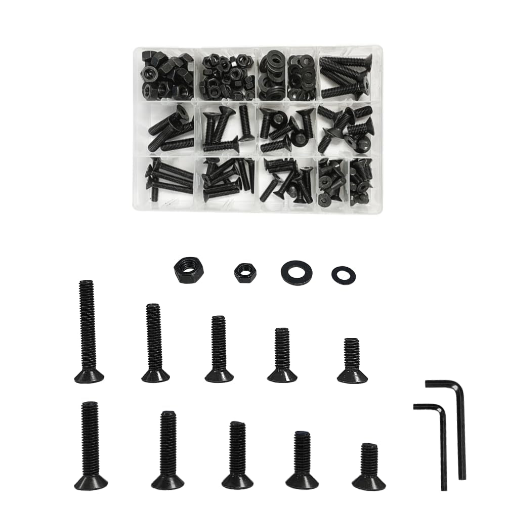 205-Piece M6-M8 Countersunk Bolt and Hex Nut Combination Set, Black Flat Head Bolt, Metric Socket Head Bolt, Full Thread